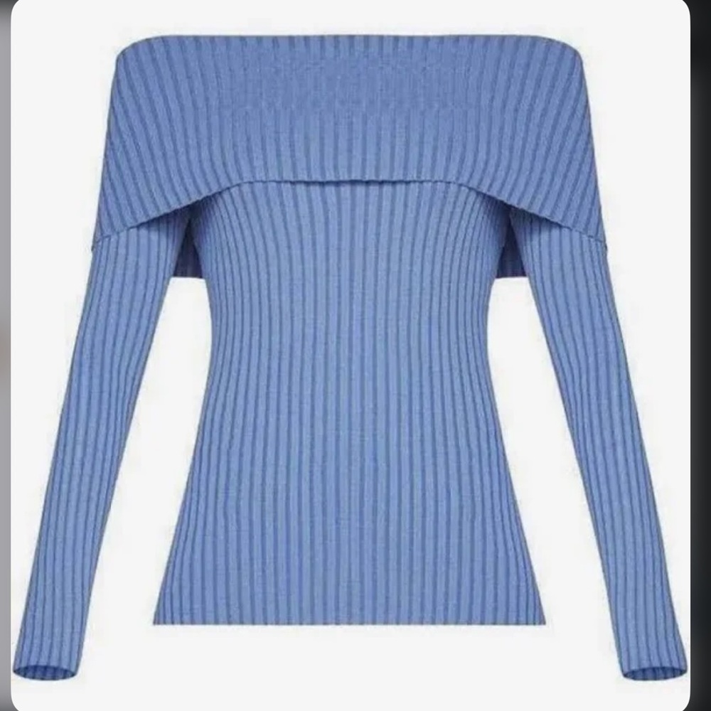 BCBGMAXAZRIA Blue Off-Shoulder Ribbed Top “RISA”